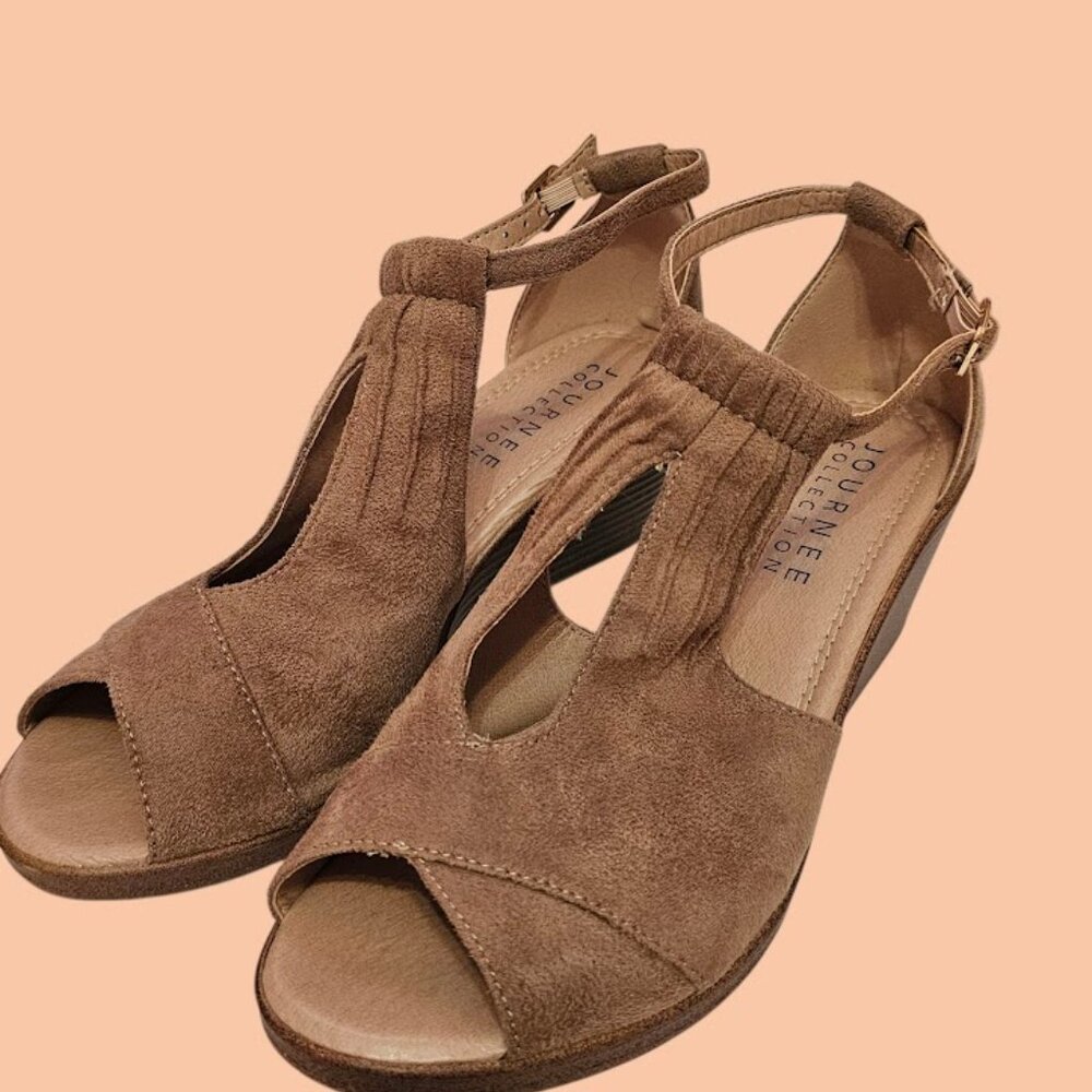 Journee Collection Wedge Sandals Womens 8.5 Tan Ankle Strap Peep Toe